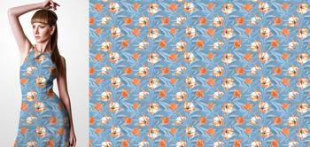 33156v Materiał ze wzorem pomarańczowe i białe kwiaty tropikalne na tle z liści w kolorze niebieskim